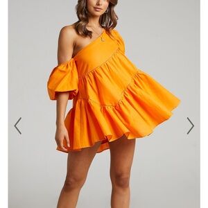 Showpo HARLEEN MINI DRESS - LINEN ASYMMETRICAL TRIM PUFF SLEEVE DRESS, Size 14